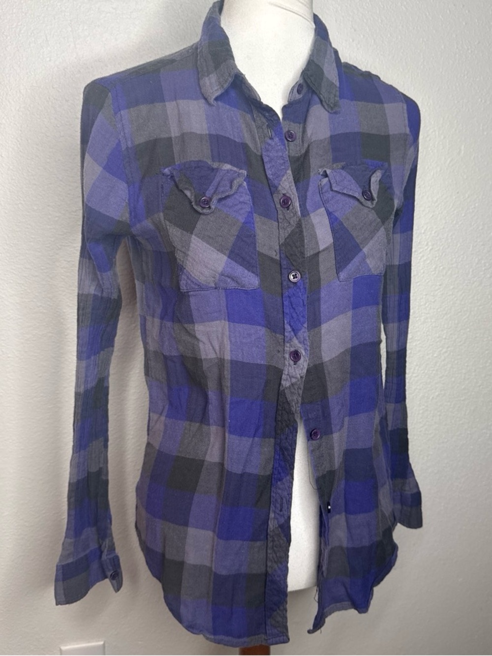 BDG Men's Plaid Button-Down Shirt — Blue and Gray